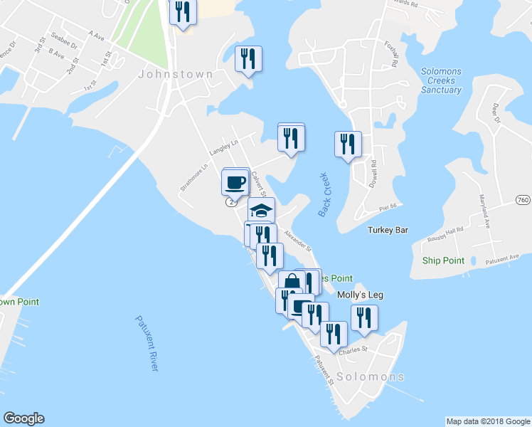 map of restaurants, bars, coffee shops, grocery stores, and more near 14370 Sedwick Avenue in Solomons