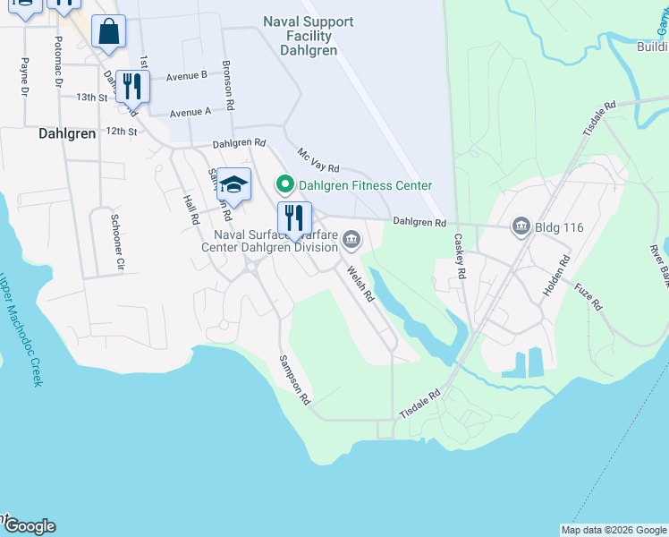 map of restaurants, bars, coffee shops, grocery stores, and more near Bronson Road in Dahlgren