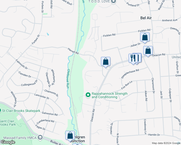 map of restaurants, bars, coffee shops, grocery stores, and more near 6 Huntington Drive in Fredericksburg