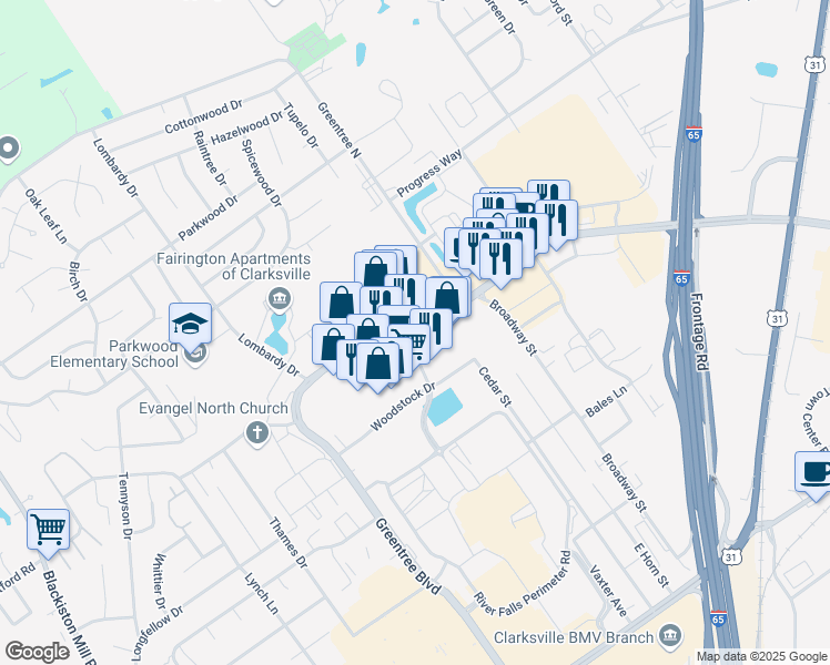 map of restaurants, bars, coffee shops, grocery stores, and more near 1125 Veterans Parkway in Clarksville