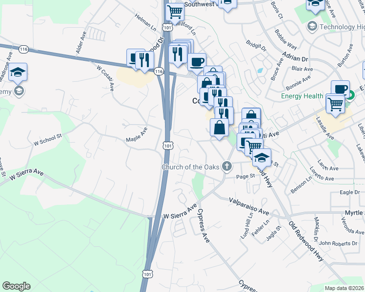 map of restaurants, bars, coffee shops, grocery stores, and more near 218 West Cotati Avenue in Cotati