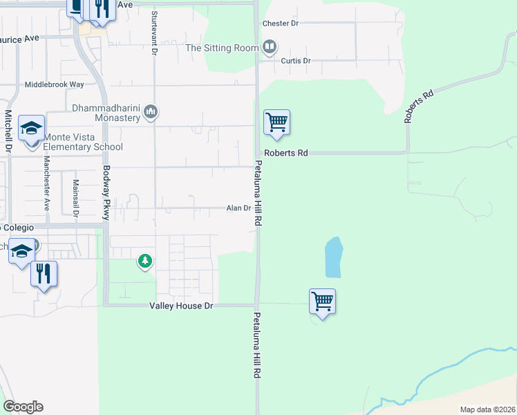 map of restaurants, bars, coffee shops, grocery stores, and more near Petaluma Hill Rd & Alan Dr in Penngrove