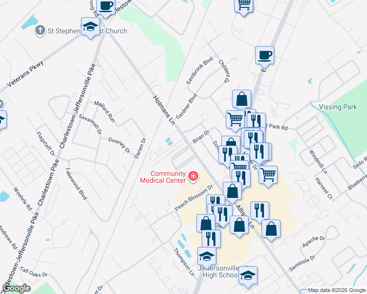 map of restaurants, bars, coffee shops, grocery stores, and more near 2970 Heather Road in Jeffersonville