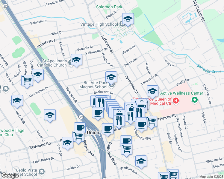 map of restaurants, bars, coffee shops, grocery stores, and more near 3580 Beckworth Drive in Napa