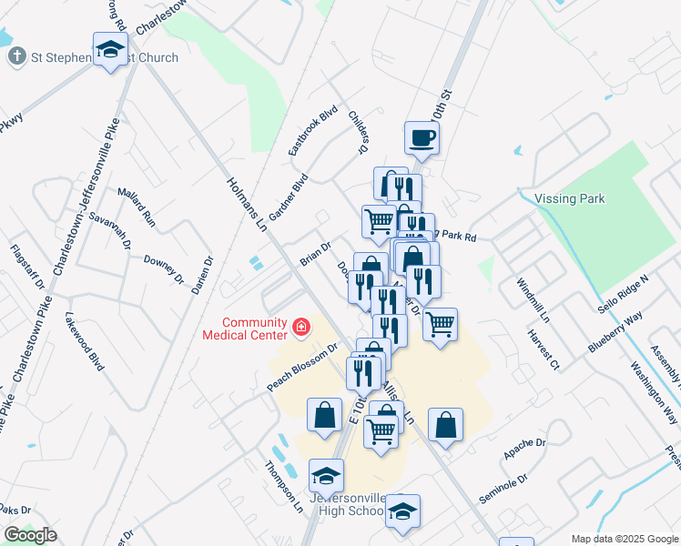 map of restaurants, bars, coffee shops, grocery stores, and more near 3013 Douglas Boulevard in Jeffersonville