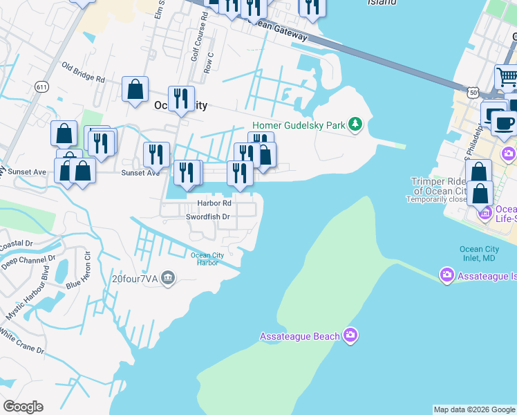 map of restaurants, bars, coffee shops, grocery stores, and more near 12953 Harbor Road in Ocean City