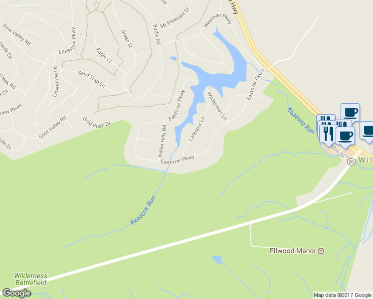 map of restaurants, bars, coffee shops, grocery stores, and more near 116 Larkspur Lane in Locust Grove