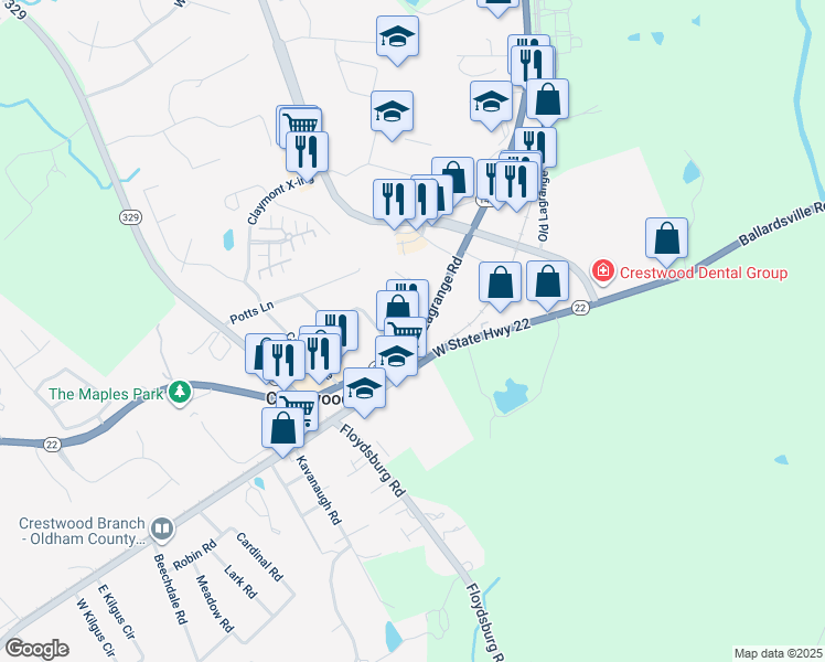 map of restaurants, bars, coffee shops, grocery stores, and more near 6459 Kentucky 146 in Crestwood