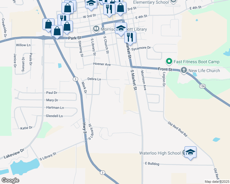 map of restaurants, bars, coffee shops, grocery stores, and more near 112 Kasey Lane in Waterloo