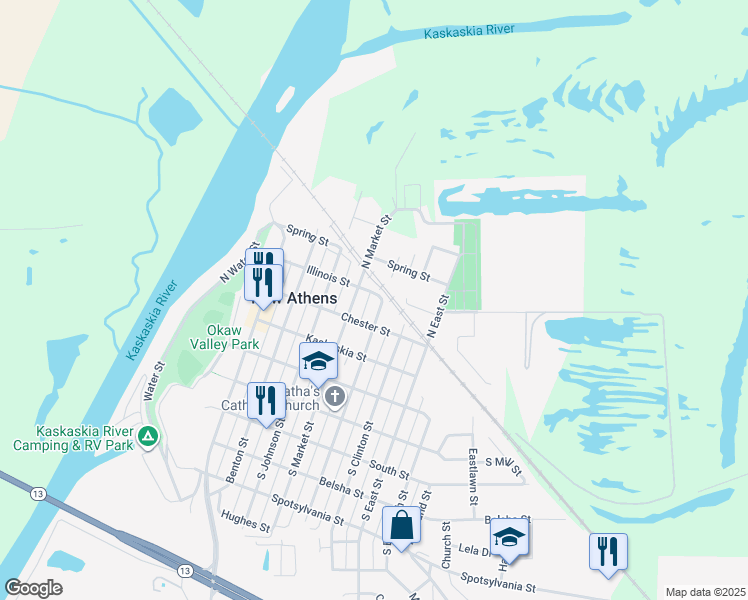 map of restaurants, bars, coffee shops, grocery stores, and more near 208 North Jackson Street in New Athens