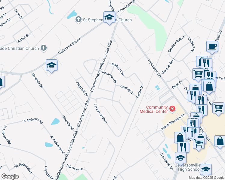 map of restaurants, bars, coffee shops, grocery stores, and more near 3404 Gander Drive in Jeffersonville
