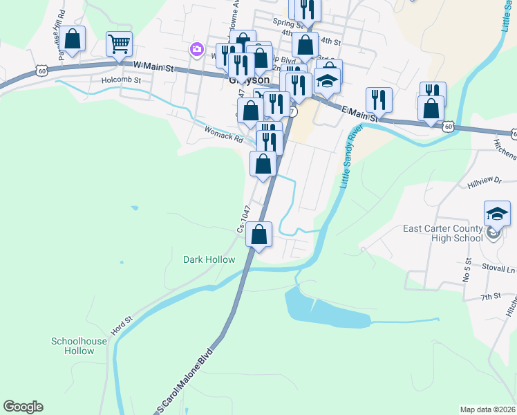 map of restaurants, bars, coffee shops, grocery stores, and more near 255-271 South Hord Street in Grayson