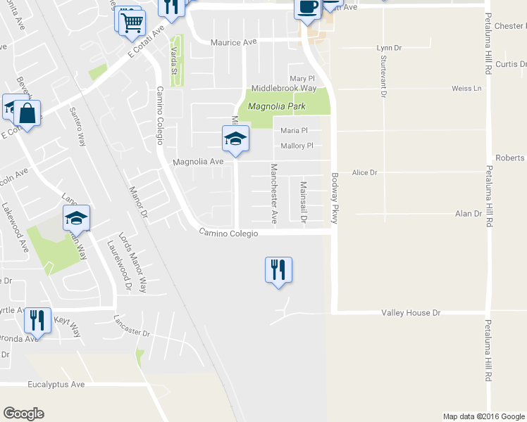 map of restaurants, bars, coffee shops, grocery stores, and more near 1427 Muir Place in Rohnert Park
