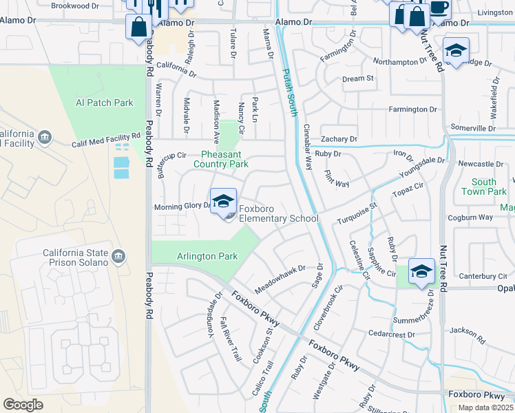 map of restaurants, bars, coffee shops, grocery stores, and more near 630 Silvertop Way in Vacaville