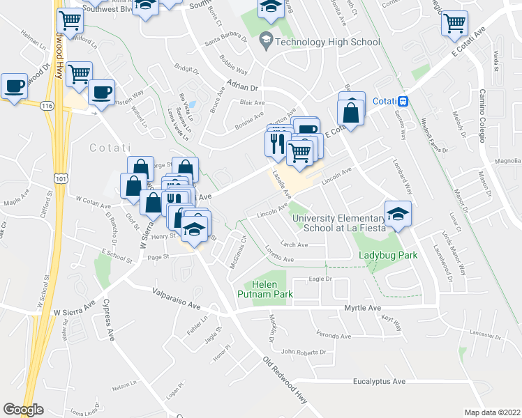 map of restaurants, bars, coffee shops, grocery stores, and more near 281 Lincoln Avenue in Cotati