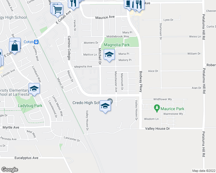 map of restaurants, bars, coffee shops, grocery stores, and more near 1415 Muir Place in Rohnert Park