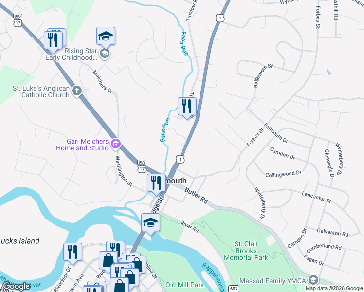 map of restaurants, bars, coffee shops, grocery stores, and more near 135 Cambridge Street in Falmouth
