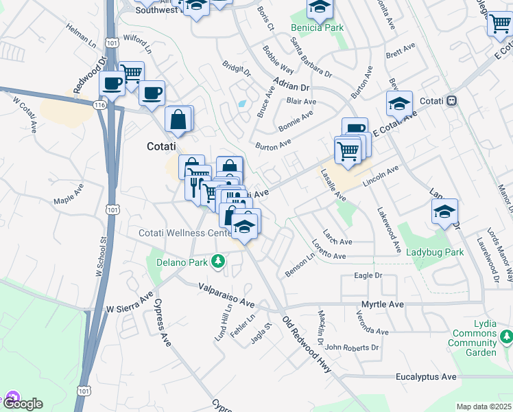 map of restaurants, bars, coffee shops, grocery stores, and more near 7008 Marsh Way in Cotati