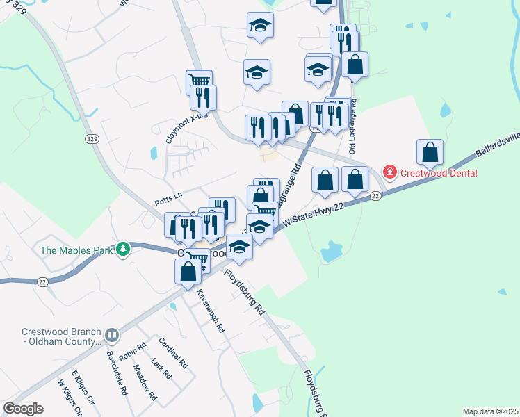 map of restaurants, bars, coffee shops, grocery stores, and more near 6459 Kentucky 146 in Crestwood