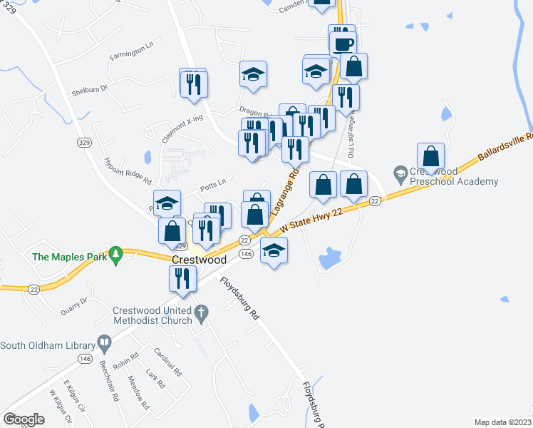 map of restaurants, bars, coffee shops, grocery stores, and more near 6459 Kentucky 146 in Crestwood