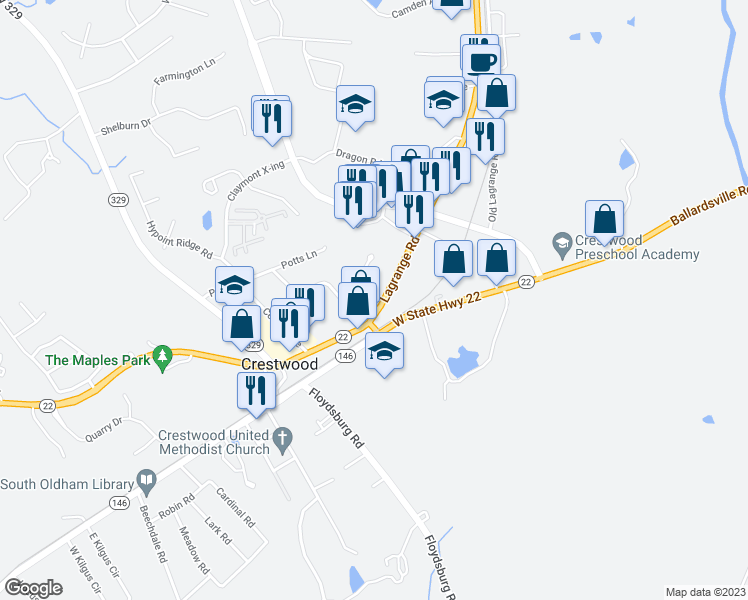 map of restaurants, bars, coffee shops, grocery stores, and more near 6459 Highway 146 in Crestwood