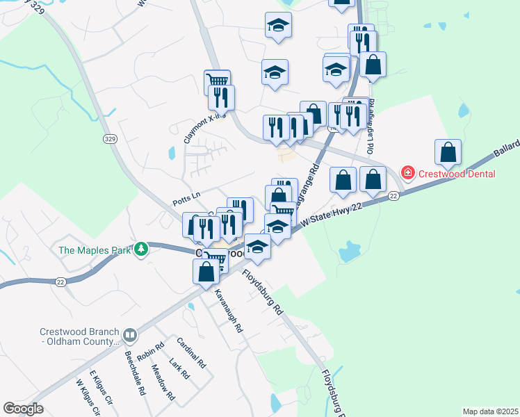 map of restaurants, bars, coffee shops, grocery stores, and more near 6806 Crestview Drive in Crestwood