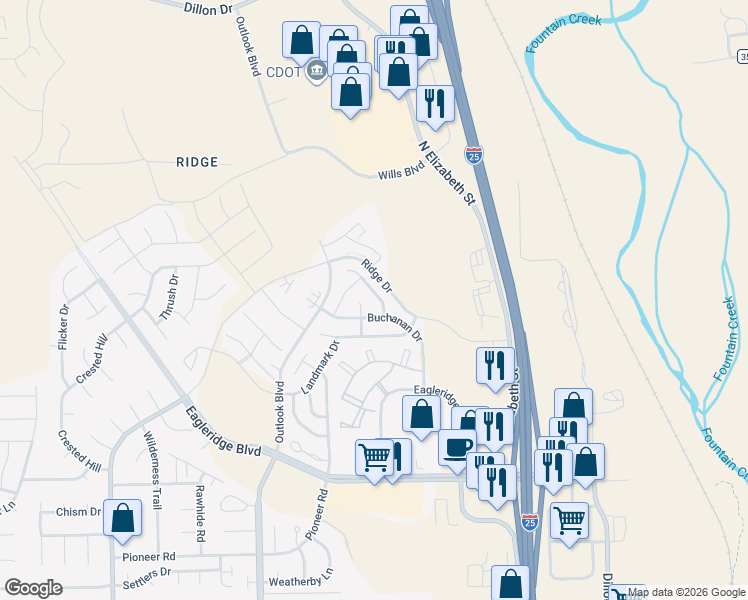 map of restaurants, bars, coffee shops, grocery stores, and more near 5097 Goldking Road in Pueblo