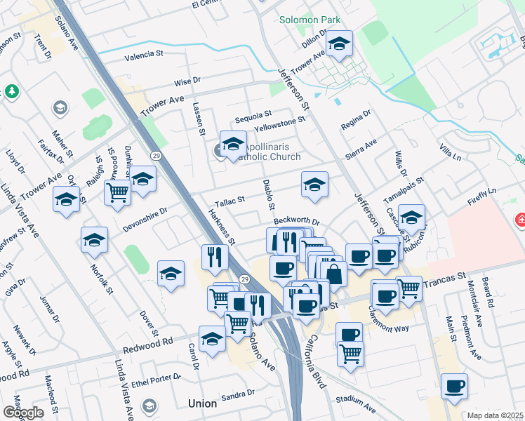 map of restaurants, bars, coffee shops, grocery stores, and more near 3630 Seneca Way in Napa