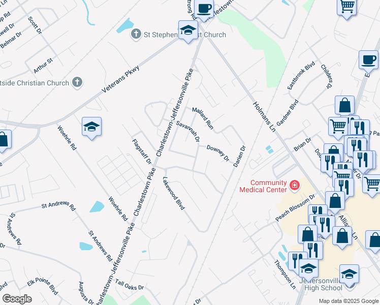 map of restaurants, bars, coffee shops, grocery stores, and more near 3404 Gander Drive in Jeffersonville