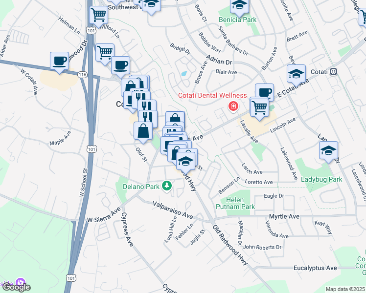 map of restaurants, bars, coffee shops, grocery stores, and more near 65 Charles Street in Cotati
