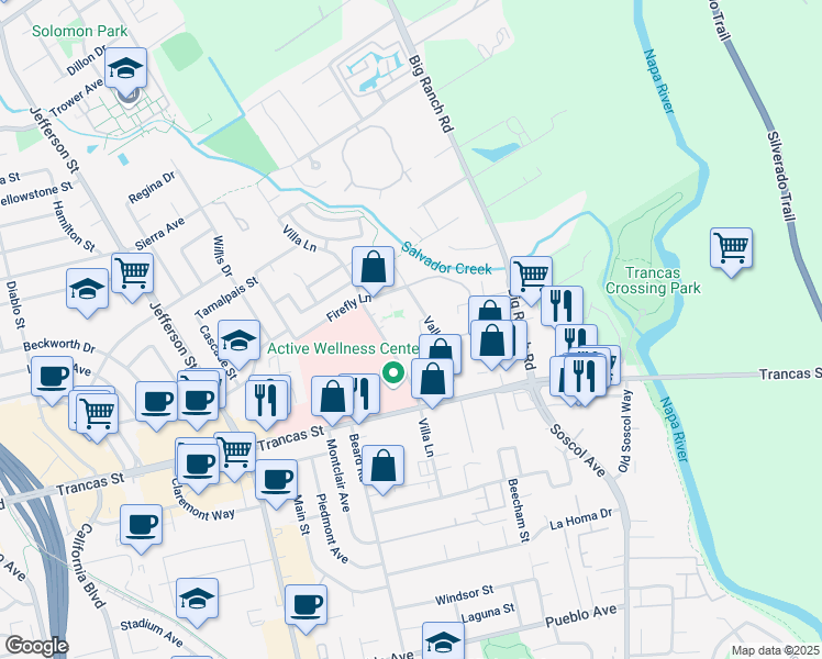 map of restaurants, bars, coffee shops, grocery stores, and more near 3450 Villa Lane in Napa