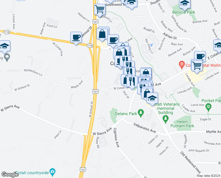 map of restaurants, bars, coffee shops, grocery stores, and more near 8107 El Rancho Drive in Cotati