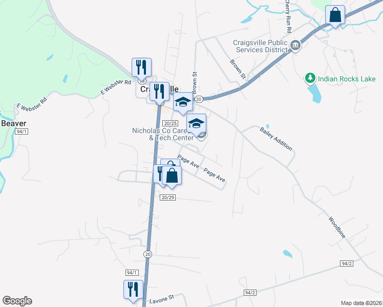 map of restaurants, bars, coffee shops, grocery stores, and more near 188 Milam Addition Ave in Craigsville