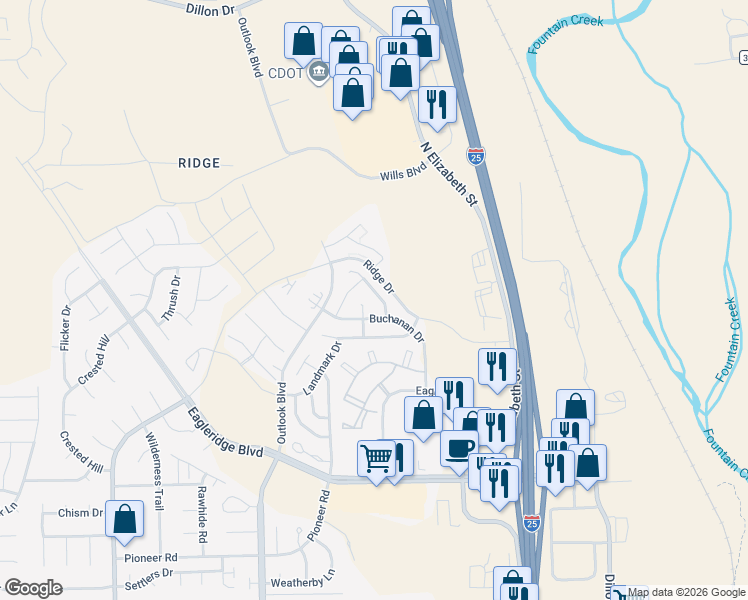 map of restaurants, bars, coffee shops, grocery stores, and more near 5097 Goldking Road in Pueblo