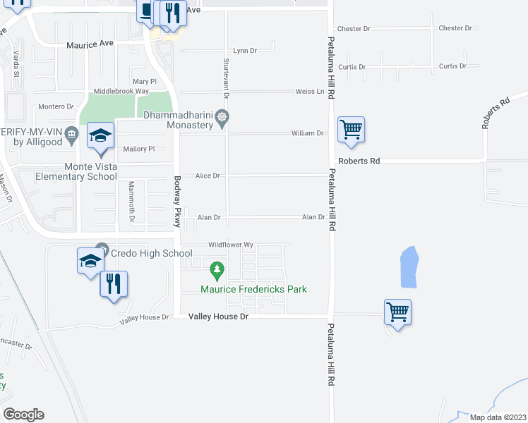 map of restaurants, bars, coffee shops, grocery stores, and more near 1871 Alan Drive in Penngrove