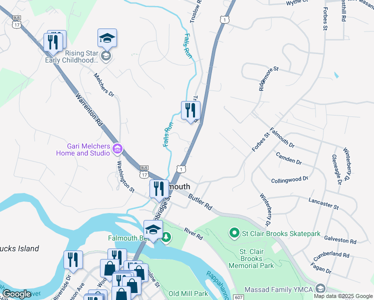 map of restaurants, bars, coffee shops, grocery stores, and more near 137 Cambridge Street in Fredericksburg