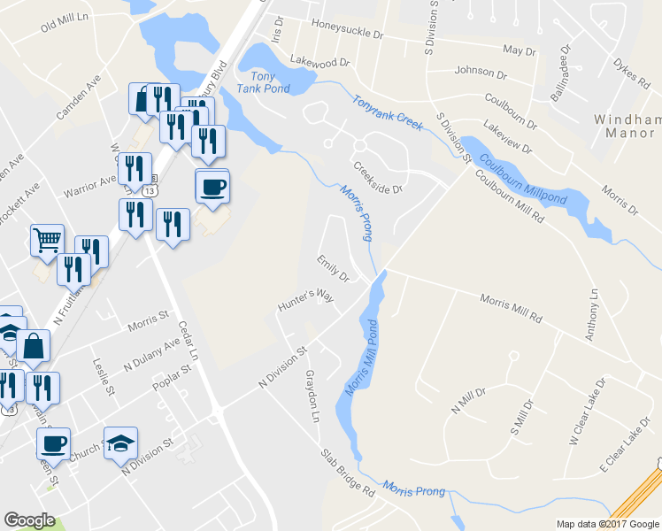 map of restaurants, bars, coffee shops, grocery stores, and more near 172 Emily Drive in Salisbury