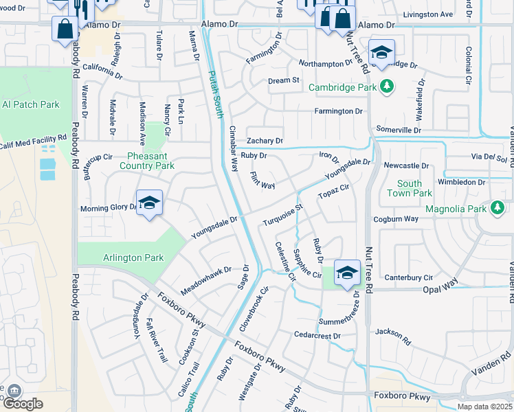 map of restaurants, bars, coffee shops, grocery stores, and more near 844 Youngsdale Drive in Vacaville