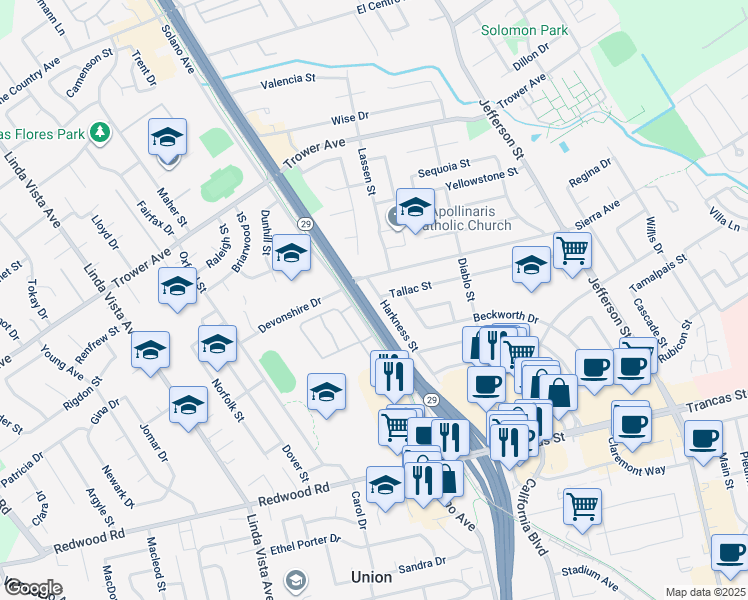 map of restaurants, bars, coffee shops, grocery stores, and more near 3681 Harkness Street in Napa