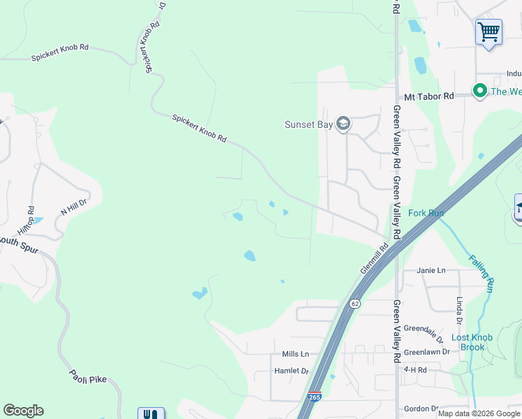 map of restaurants, bars, coffee shops, grocery stores, and more near 414 Sunnyside Drive in New Albany