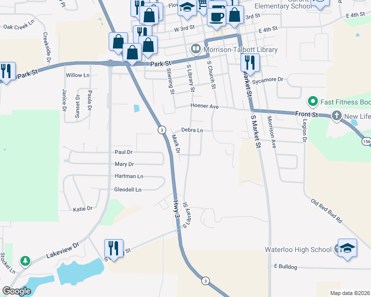 map of restaurants, bars, coffee shops, grocery stores, and more near 709 South Library Street in Waterloo