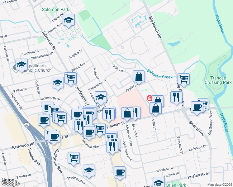 map of restaurants, bars, coffee shops, grocery stores, and more near 60 Firefly Lane in Napa