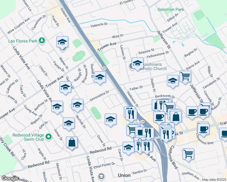 map of restaurants, bars, coffee shops, grocery stores, and more near 2015 Devonshire Drive in Napa