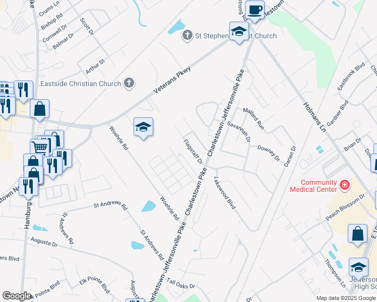map of restaurants, bars, coffee shops, grocery stores, and more near 3511 Flagstaff Drive in Jeffersonville