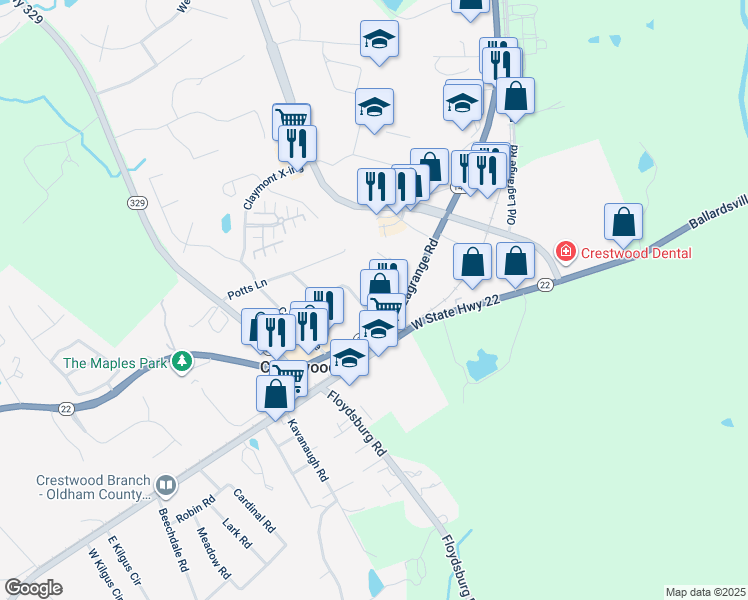 map of restaurants, bars, coffee shops, grocery stores, and more near 6459 Kentucky 146 in Crestwood