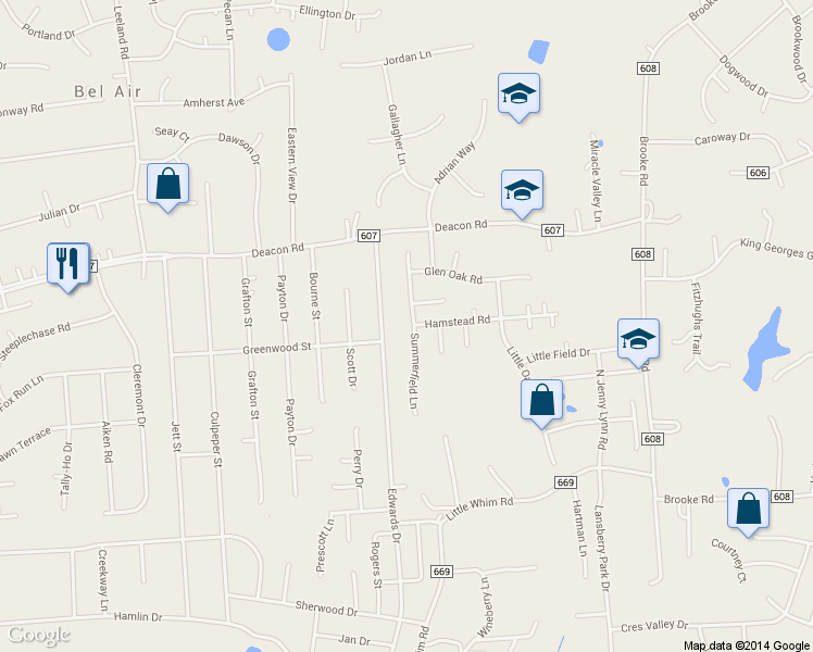 map of restaurants, bars, coffee shops, grocery stores, and more near 28 Summerfield Lane in Fredericksburg