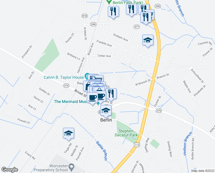 map of restaurants, bars, coffee shops, grocery stores, and more near 206 Maryland 377 in Berlin