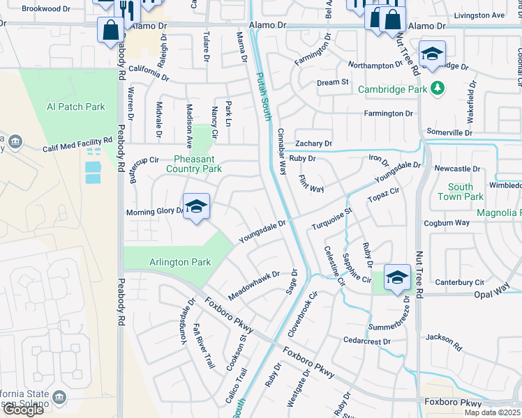 map of restaurants, bars, coffee shops, grocery stores, and more near 719 Fawn Court in Vacaville