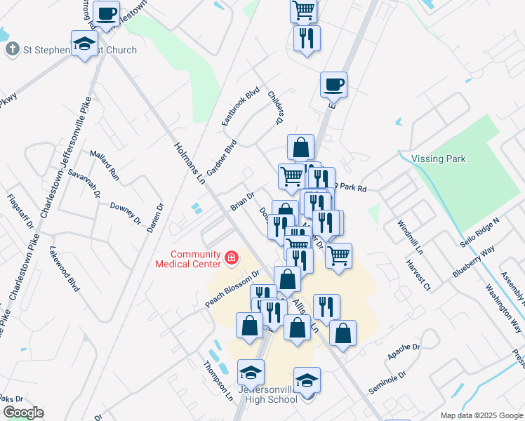 map of restaurants, bars, coffee shops, grocery stores, and more near 3013 Douglas Boulevard in Jeffersonville