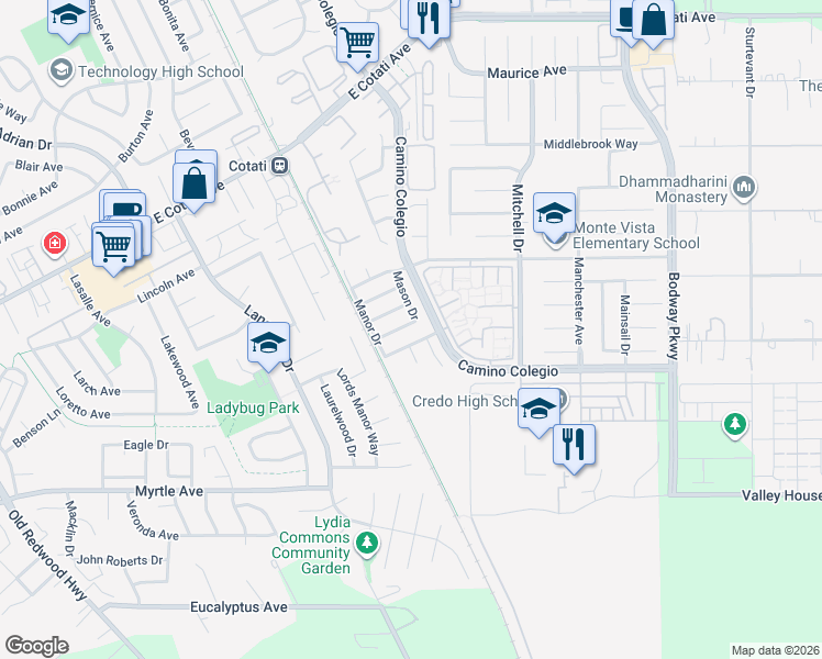 map of restaurants, bars, coffee shops, grocery stores, and more near 8035 Mason Drive in Rohnert Park